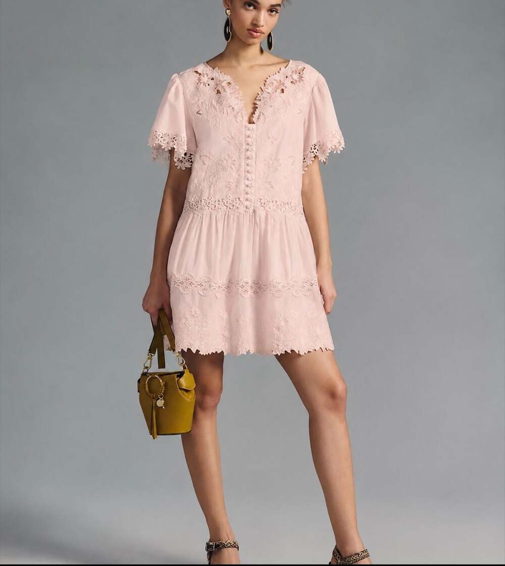 Anthropologie Pink Lace-Trimmed  Cutwork Mini Dress M